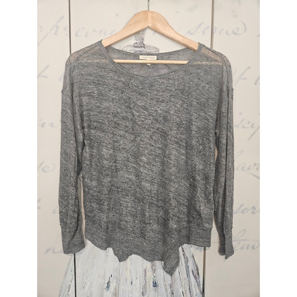 Eileen Fisher Womens XS Grey 100% Linen Textured Asymmetrical Hem Sweater Top